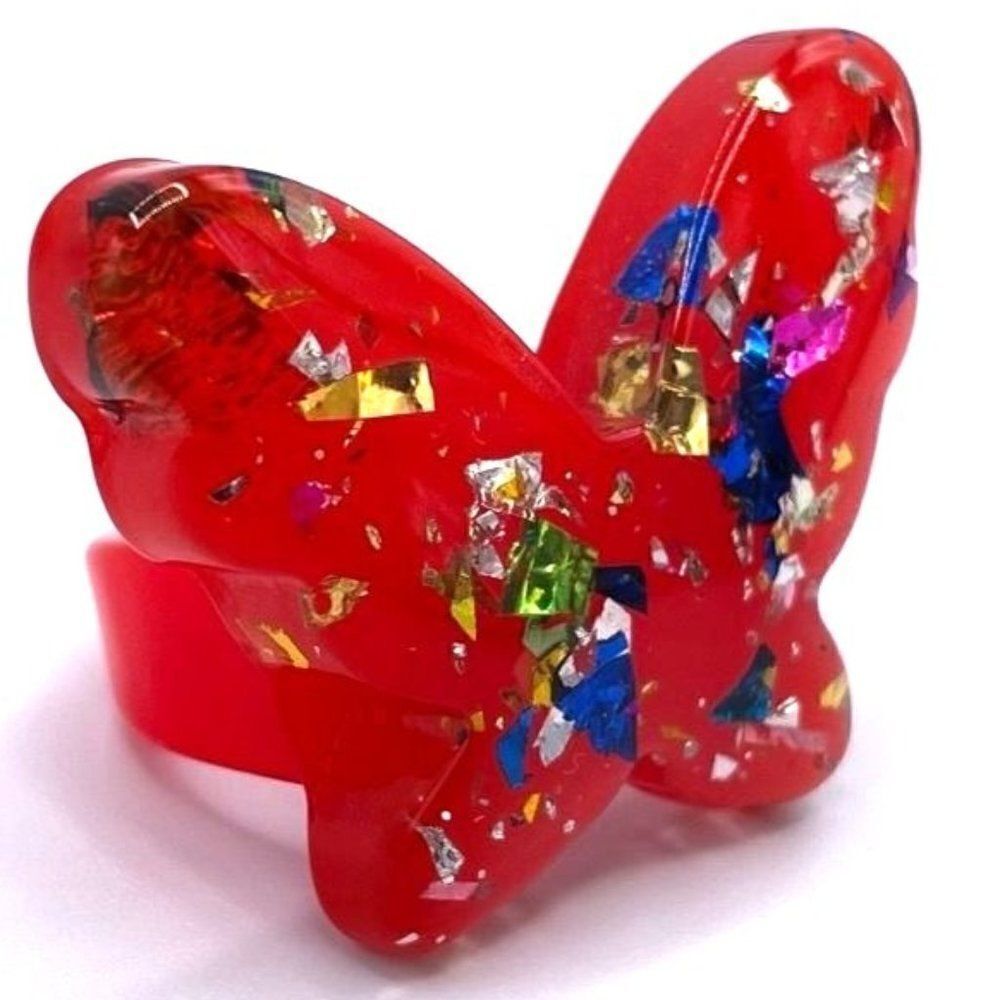 Red with Multicolor Confetti Glitter Chunky Butterfly Acrylic Ring Size 8